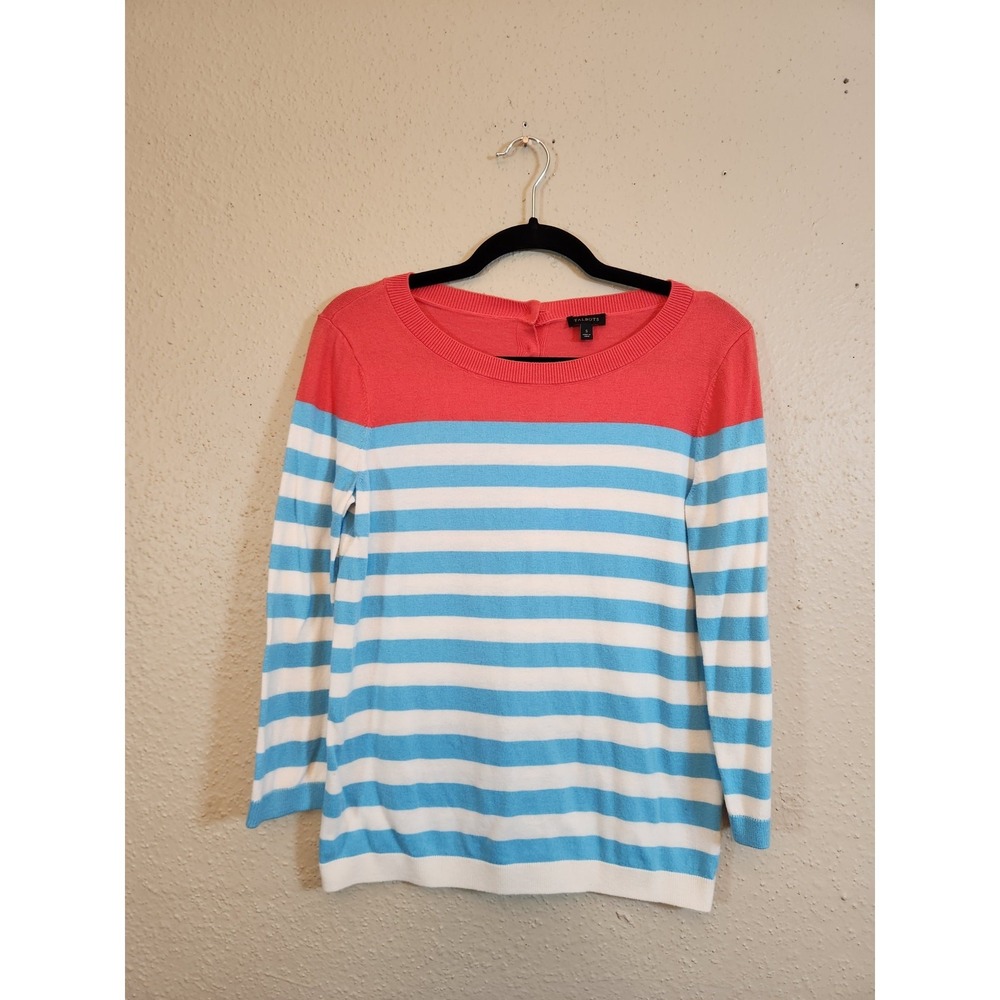 Talbots Womens S Coral Blue White Striped Sweater Button Back‎ 3/4 Sleeve Knit